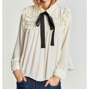 ZARA ruffled button down blouse white w/ black bow